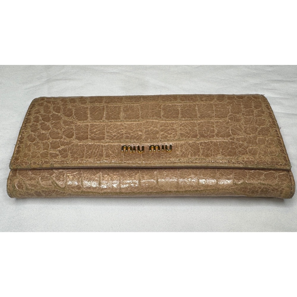 Miu Miu Tan Beige Crocodile Embossed Leather Long Continental Flap Wallet